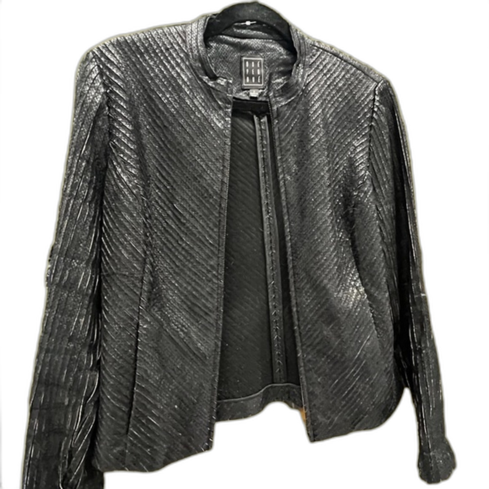 Vintage Distressed Faux Leather Pleated Motorcycle Style Designer Jacket Sz 6